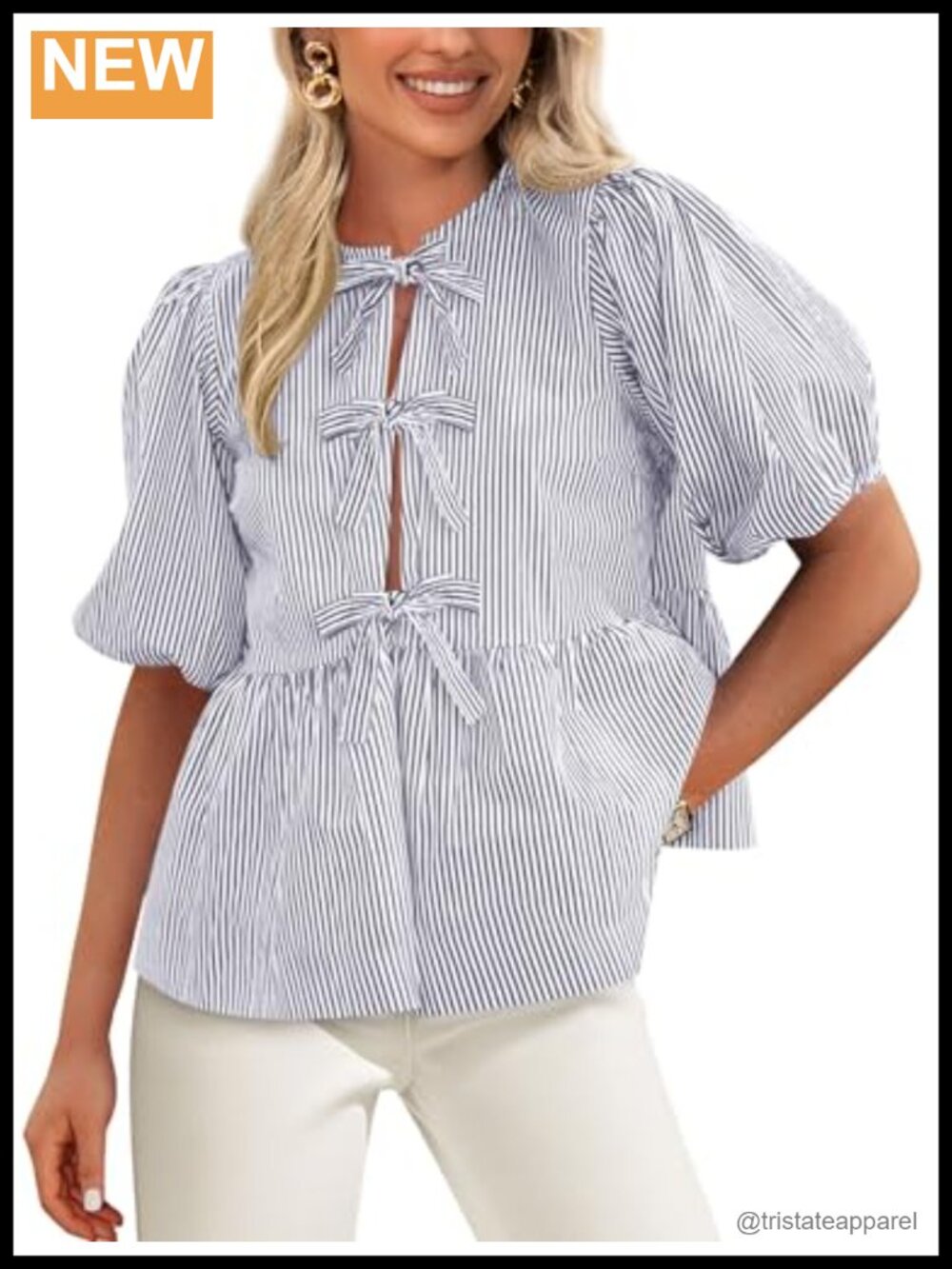 PRETTYGARDEN Striped Tie Front Babydoll Peplum Top Blouse Y2K Puff Sleeve